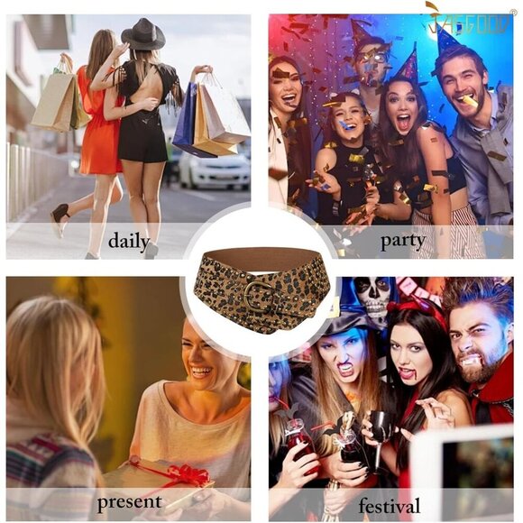 Women Vintage Wide Elastic Studded Stretchy Waist Belt Metal Buckle Leopard main image 5